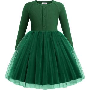 Arshiner Toddler Girls Tutu Dress Long Sleeve Fall Winter Button Front Party Tulle Dresses 2-8Y(Green)