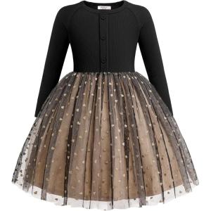 Arshiner Toddler Girls Tutu Dress Long Sleeve Fall Winter Button Front Party Tulle Dresses 2-8Y(Heart Black)