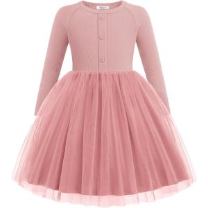 Arshiner Toddler Girls Tutu Dress Long Sleeve Fall Winter Button Front Party Tulle Dresses 2-8Y(Pink)