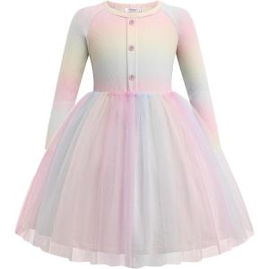 Arshiner Toddler Girls Tutu Dress Long Sleeve Fall Winter Button Front Party Tulle Dresses 2-8Y(Rainbow Pink)