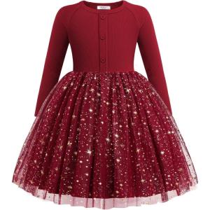 Arshiner Toddler Girls Tutu Dress Long Sleeve Fall Winter Button Front Party Tulle Dresses 2-8Y(Star Red)