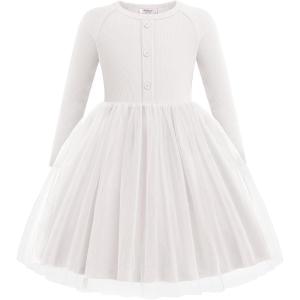 Arshiner Toddler Girls Tutu Dress Long Sleeve Fall Winter Button Front Party Tulle Dresses 2-8Y(White)