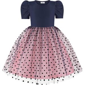 Arshiner Toddler Girls Tutu Dresses Party Formal Birthday Summer Puff Short Sleeve Tulle Little Girls Dress(Navy Dot)