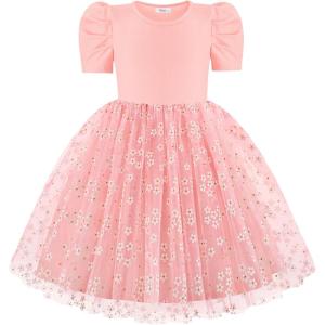 Arshiner Toddler Girls Tutu Dresses Party Formal Birthday Summer Puff Short Sleeve Tulle Little Girls Dress(Pink Daisy)