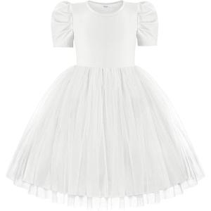 Arshiner Toddler Girls Tutu Dresses Party Formal Birthday Summer Puff Short Sleeve Tulle Little Girls Dress(White)