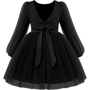 Arshiner Toddler Girls V Back Tutu Dress Tulle Puff Long Sleeve Wedding Birthday Party Fall Toddlers Dresses(Black)