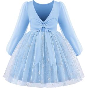 Arshiner Toddler Girls V Back Tutu Dress Tulle Puff Long Sleeve Wedding Birthday Party Fall Toddlers Dresses(Blue Snowflake)