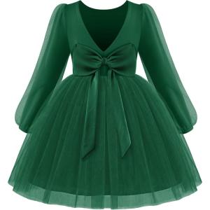 Arshiner Toddler Girls V Back Tutu Dress Tulle Puff Long Sleeve Wedding Birthday Party Fall Toddlers Dresses(Dark Green)
