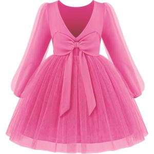 Arshiner Toddler Girls V Back Tutu Dress Tulle Puff Long Sleeve Wedding Birthday Party Fall Toddlers Dresses(Hot Pink)