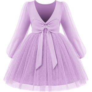 Arshiner Toddler Girls V Back Tutu Dress Tulle Puff Long Sleeve Wedding Birthday Party Fall Toddlers Dresses(Lavender)