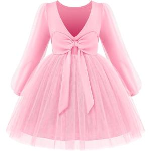 Arshiner Toddler Girls V Back Tutu Dress Tulle Puff Long Sleeve Wedding Birthday Party Fall Toddlers Dresses(Pink)