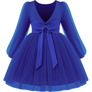 Arshiner Toddler Girls V Back Tutu Dress Tulle Puff Long Sleeve Wedding Birthday Party Fall Toddlers Dresses(Royal Blue)