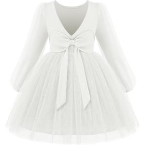 Arshiner Toddler Girls V Back Tutu Dress Tulle Puff Long Sleeve Wedding Birthday Party Fall Toddlers Dresses(White)