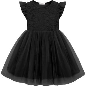 Arshiner Toddler Lace Tutu Dresses Ruffle Sleeve 3 Layers Tulle Flower Wedding Birthday Summer Little Girls Dress(Black)