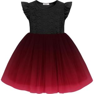Arshiner Toddler Lace Tutu Dresses Ruffle Sleeve 3 Layers Tulle Flower Wedding Birthday Summer Little Girls Dress(Black Red Gradient)