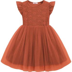 Arshiner Toddler Lace Tutu Dresses Ruffle Sleeve 3 Layers Tulle Flower Wedding Birthday Summer Little Girls Dress(Caramel)