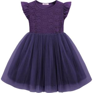 Arshiner Toddler Lace Tutu Dresses Ruffle Sleeve 3 Layers Tulle Flower Wedding Birthday Summer Little Girls Dress(Deep Purple)
