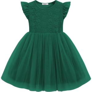 Arshiner Toddler Lace Tutu Dresses Ruffle Sleeve 3 Layers Tulle Flower Wedding Birthday Summer Little Girls Dress(Green)