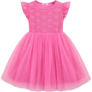 Arshiner Toddler Lace Tutu Dresses Ruffle Sleeve 3 Layers Tulle Flower Wedding Birthday Summer Little Girls Dress(Hot Pink)