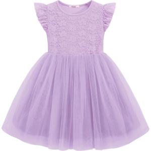 Arshiner Toddler Lace Tutu Dresses Ruffle Sleeve 3 Layers Tulle Flower Wedding Birthday Summer Little Girls Dress(Lavender)