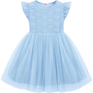 Arshiner Toddler Lace Tutu Dresses Ruffle Sleeve 3 Layers Tulle Flower Wedding Birthday Summer Little Girls Dress(Light Blue)