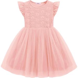 Arshiner Toddler Lace Tutu Dresses Ruffle Sleeve 3 Layers Tulle Flower Wedding Birthday Summer Little Girls Dress(Pink)