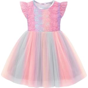 Arshiner Toddler Lace Tutu Dresses Ruffle Sleeve 3 Layers Tulle Flower Wedding Birthday Summer Little Girls Dress(Pink Rainbow)
