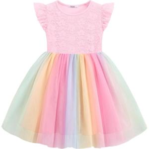 Arshiner Toddler Lace Tutu Dresses Ruffle Sleeve 3 Layers Tulle Flower Wedding Birthday Summer Little Girls Dress(Rainbow Pink)