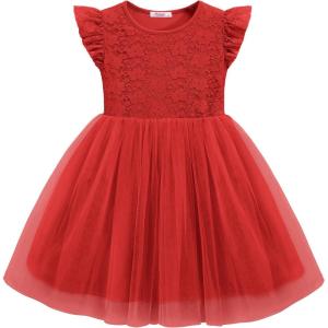 Arshiner Toddler Lace Tutu Dresses Ruffle Sleeve 3 Layers Tulle Flower Wedding Birthday Summer Little Girls Dress(Red)