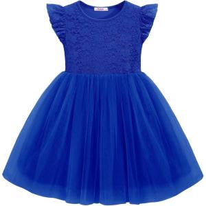 Arshiner Toddler Lace Tutu Dresses Ruffle Sleeve 3 Layers Tulle Flower Wedding Birthday Summer Little Girls Dress(Royal Blue)