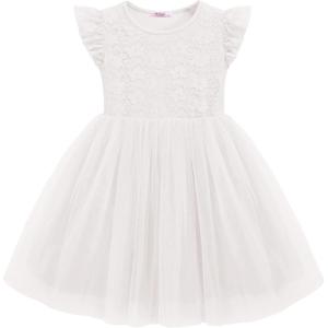 Arshiner Toddler Lace Tutu Dresses Ruffle Sleeve 3 Layers Tulle Flower Wedding Birthday Summer Little Girls Dress(White)