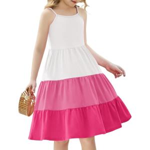 Arshiner Toddler Summer Cami Dress Boho Sundress Casual Sleeveless Dresses(Rose Red Splice)