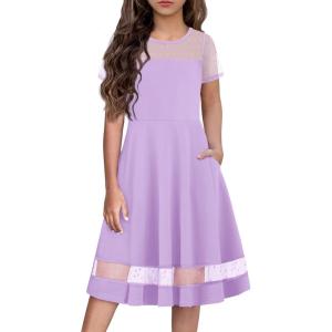 Arshiner Tween Girls Dress Formal Contrast Mesh Short Sleeve A Line Party Dresses with Pockets for 5-12 Years(Lavender)