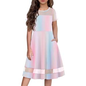 Arshiner Tween Girls Dress Formal Contrast Mesh Short Sleeve A Line Party Dresses with Pockets for 5-12 Years(Rainbow)