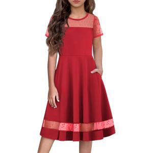Arshiner Tween Girls Dress Formal Contrast Mesh Short Sleeve A Line Party Dresses with Pockets for 5-12 Years(Red)