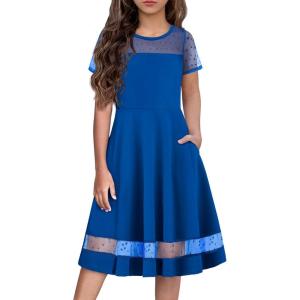 Arshiner Tween Girls Dress Formal Contrast Mesh Short Sleeve A Line Party Dresses with Pockets for 5-12 Years(Royal Blue)