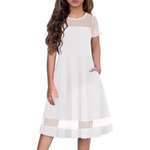 Arshiner Tween Girls Dress Formal Contrast Mesh Short Sleeve A Line Party Dresses with Pockets for 5-12 Years(White)