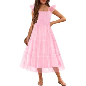 Arshiner Tween Girls Dress Ruffle Sleeve Elastic Straps Smocked A-Line Tulle Summer Long Patry Birthday Sundress(Light Pink)