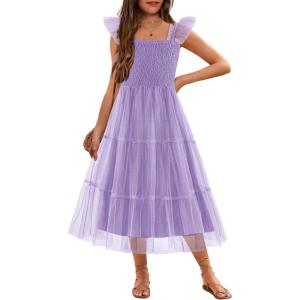 Arshiner Tween Girls Dress Ruffle Sleeve Elastic Straps Smocked A-Line Tulle Summer Long Patry Birthday Sundress(Lilac)