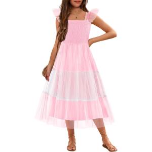 Arshiner Tween Girls Dress Ruffle Sleeve Elastic Straps Smocked A-Line Tulle Summer Long Patry Birthday Sundress(Multi Color)