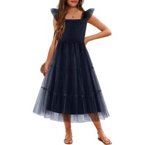 Arshiner Tween Girls Dress Ruffle Sleeve Elastic Straps Smocked A-Line Tulle Summer Long Patry Birthday Sundress(Navy Blue)