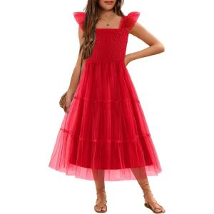 Arshiner Tween Girls Dress Ruffle Sleeve Elastic Straps Smocked A-Line Tulle Summer Long Patry Birthday Sundress(Red)