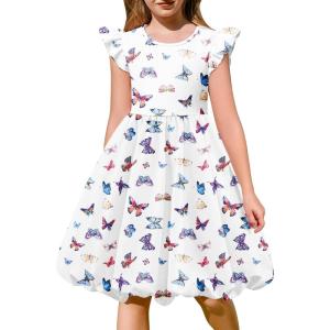 Arshiner Tween Girls Summer Bubble Dress Ruffle Sleeve Casual Party Midi Dresses(Butterfly)