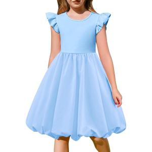 Arshiner Tween Girls Summer Bubble Dress Ruffle Sleeve Casual Party Midi Dresses(Light Blue)