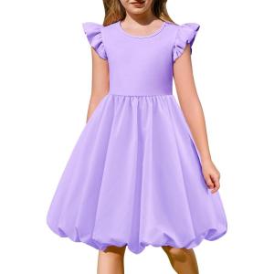 Arshiner Tween Girls Summer Bubble Dress Ruffle Sleeve Casual Party Midi Dresses(Purple)