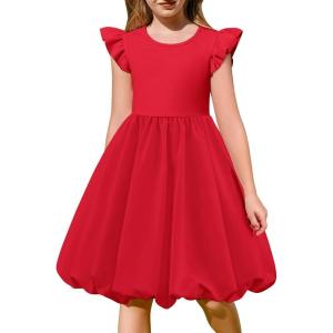 Arshiner Tween Girls Summer Bubble Dress Ruffle Sleeve Casual Party Midi Dresses(Red)