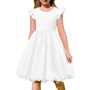 Arshiner Tween Girls Summer Bubble Dress Ruffle Sleeve Casual Party Midi Dresses(White)