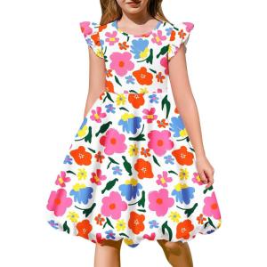Arshiner Tween Girls Summer Bubble Dress Ruffle Sleeve Casual Party Midi Dresses(White Floral)