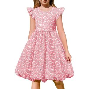 Arshiner Tween Girls Summer Bubble Dress Ruffle Sleeve Casual Party Midi Dresses(White Floral-pink)