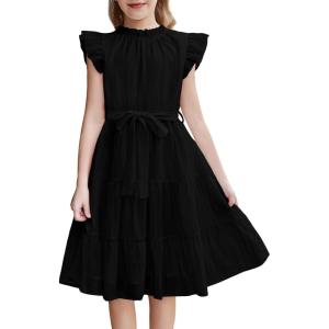 Arshiner Tween Girls Summer Dress Formal Ruffle Sleeve A Line Casual Elegant Dresses with Belt(Black)